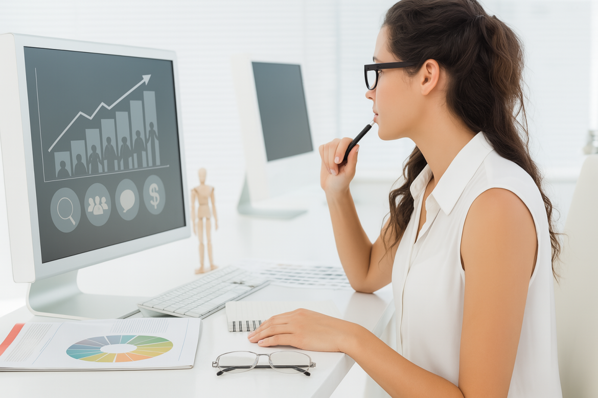 A woman in glasses sitting at a desk, looking at a computer screen displaying business intelligence graphs and data, with a notebook and pen in hand.