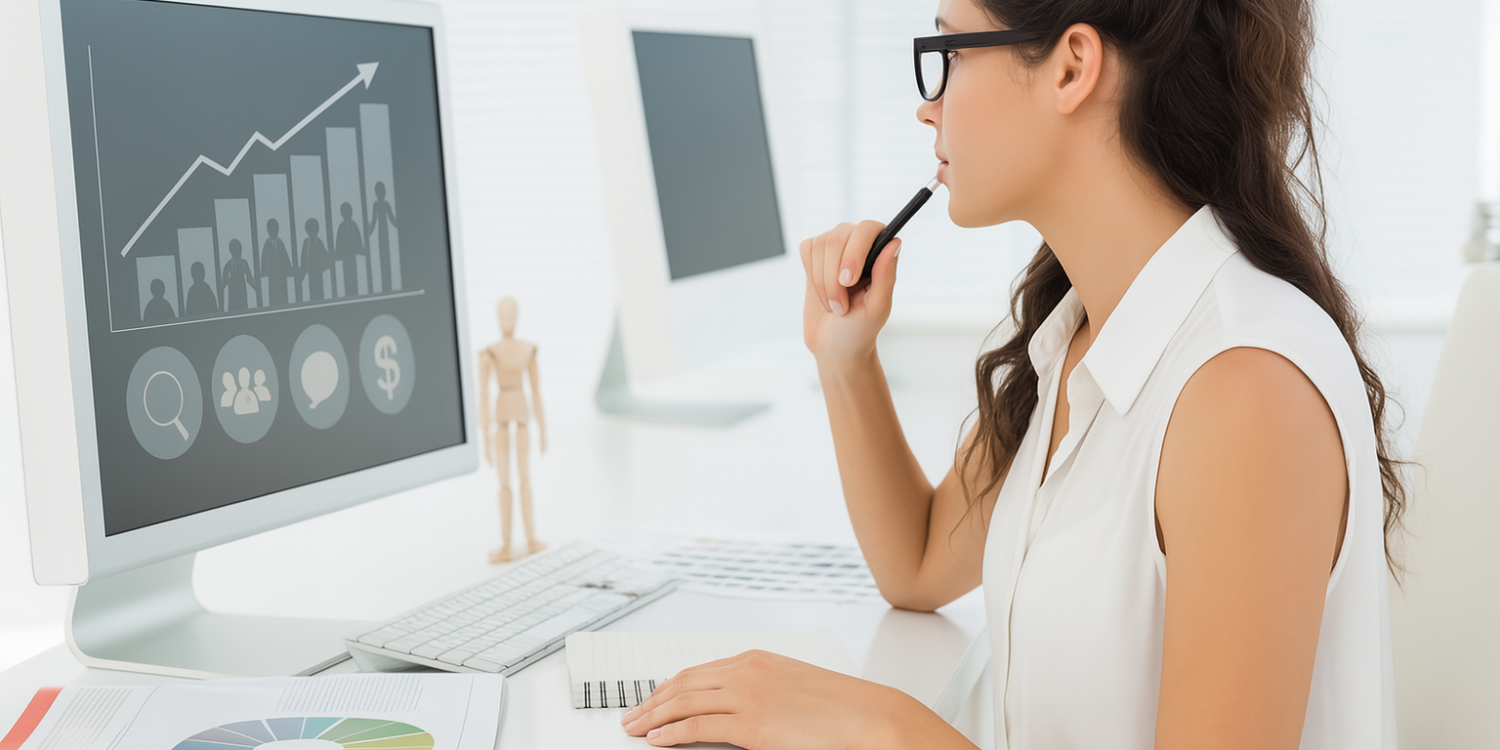 A woman in glasses sitting at a desk, looking at a computer screen displaying business intelligence graphs and data, with a notebook and pen in hand.