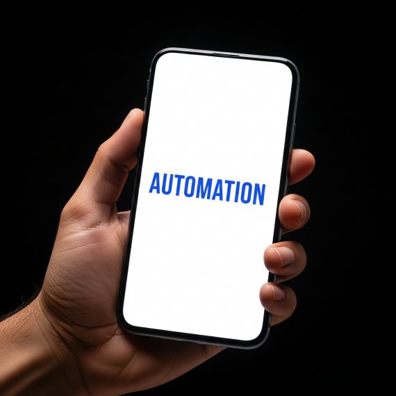 A hand holding a smartphone displaying the word 'AUTOMATION' on its screen.