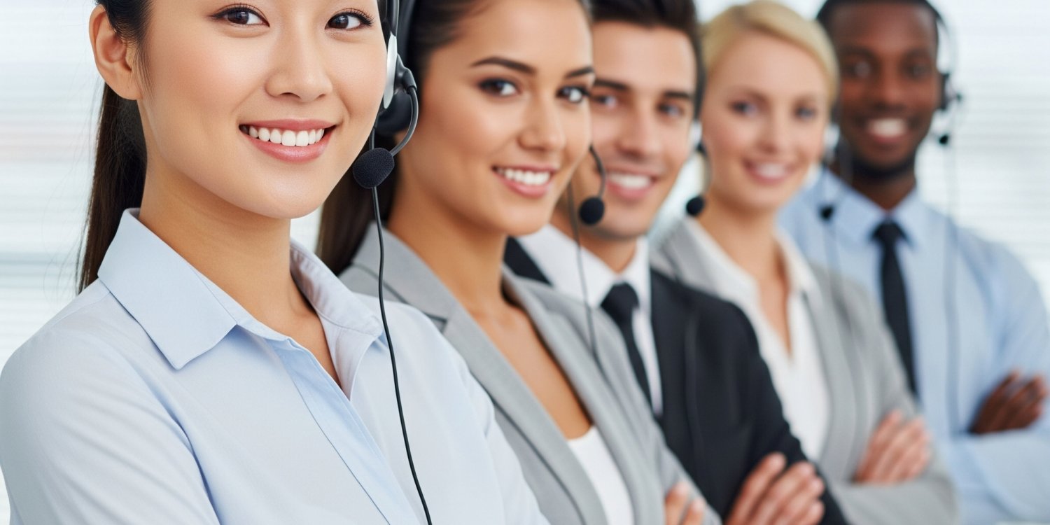 A group of diverse customer service representatives wearing headsets and smiling, with the first person in the foreground in focus.