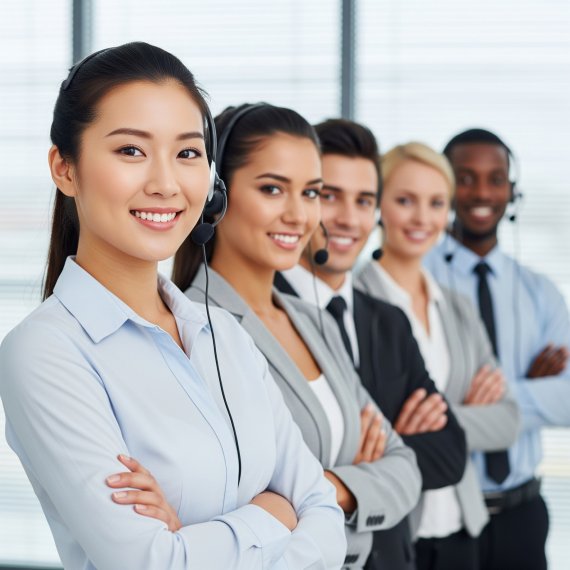 A group of diverse customer service representatives wearing headsets and smiling, with the first person in the foreground in focus.
