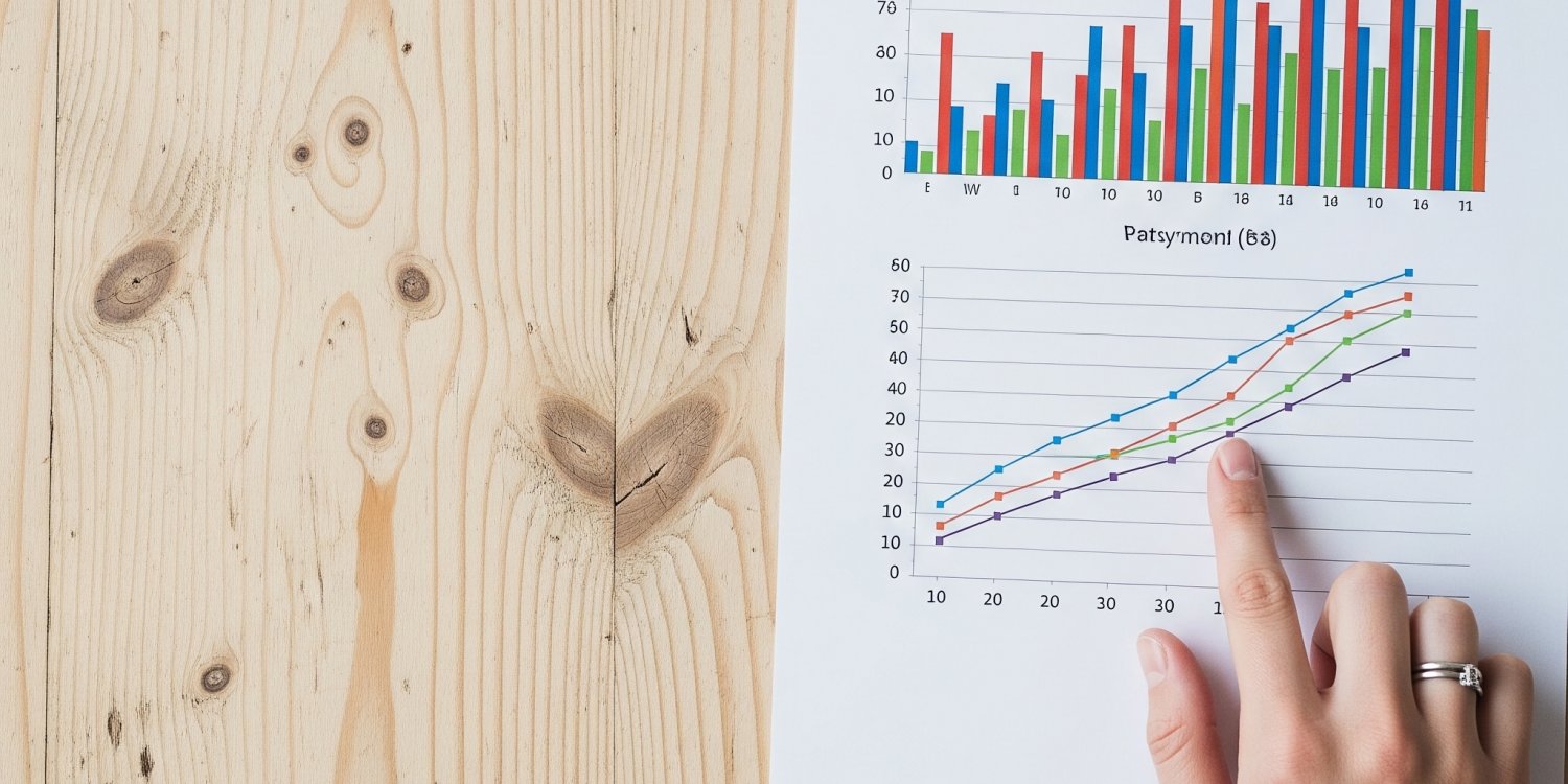 A person's hand pointing at a bar graph on a sheet of paper with wood grain visible in the background.
