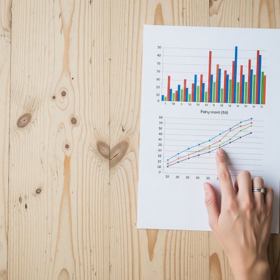 A person's hand pointing at a bar graph on a sheet of paper with wood grain visible in the background.