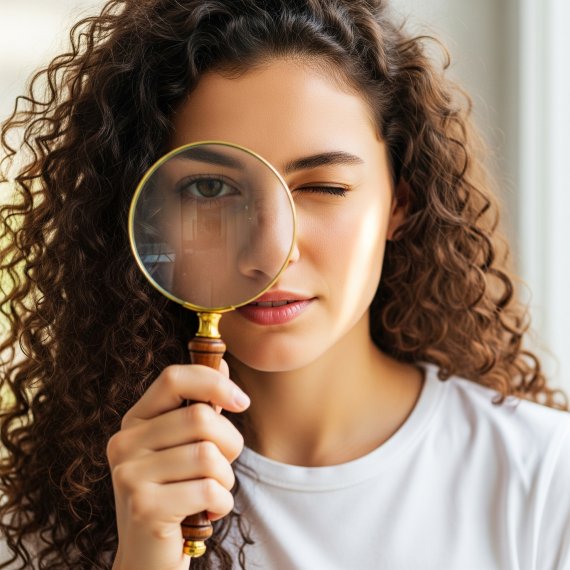 A woman with curly brown hair holds a magnifying glass over her left eye, which is open and looking through the lens. Her right eye is winking, and she has a slight smile, suggesting a playful or curious expression. The image appears to be a close-up portrait. 