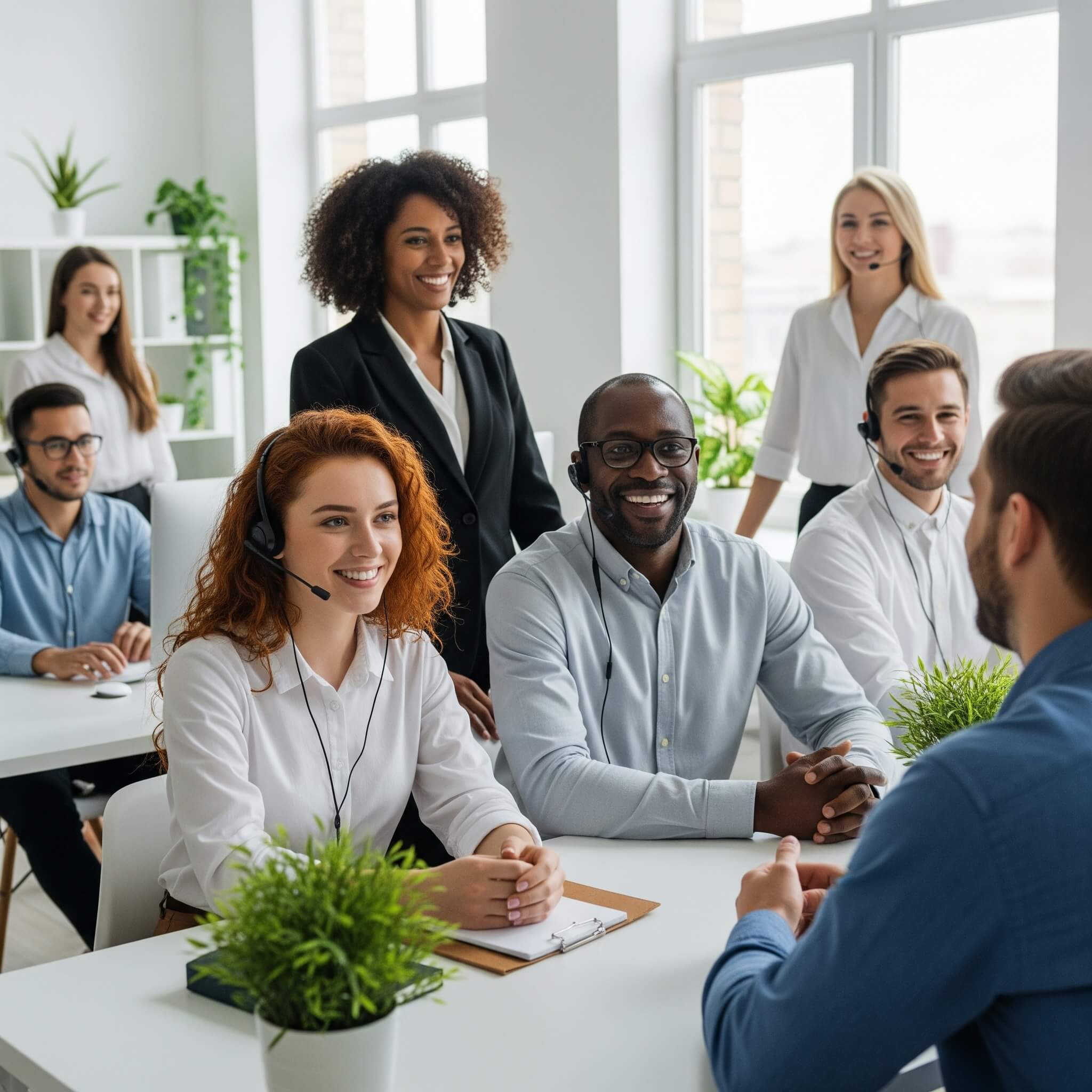A diverse group of professionals in a bright, modern office setting, gathered around a table for a meeting or discussion, with some individuals standing and others seated.