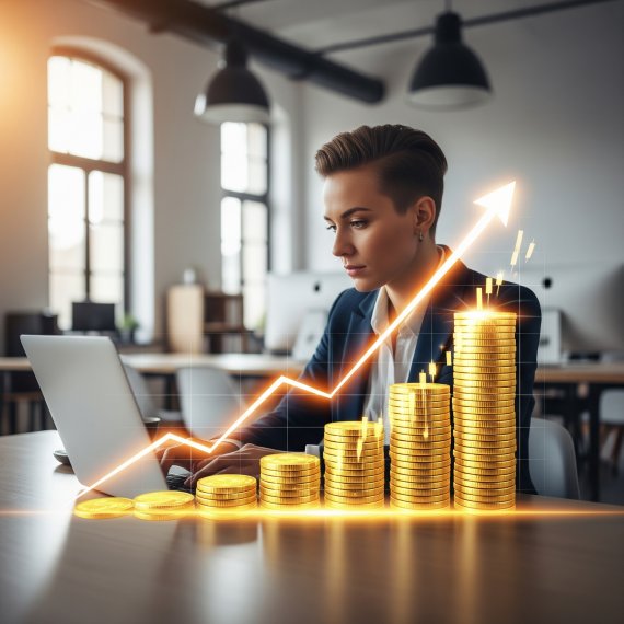 A person working on a laptop with a superimposed graphic of increasing stacks of gold coins and an upward-trending arrow, symbolizing financial growth or investment success.