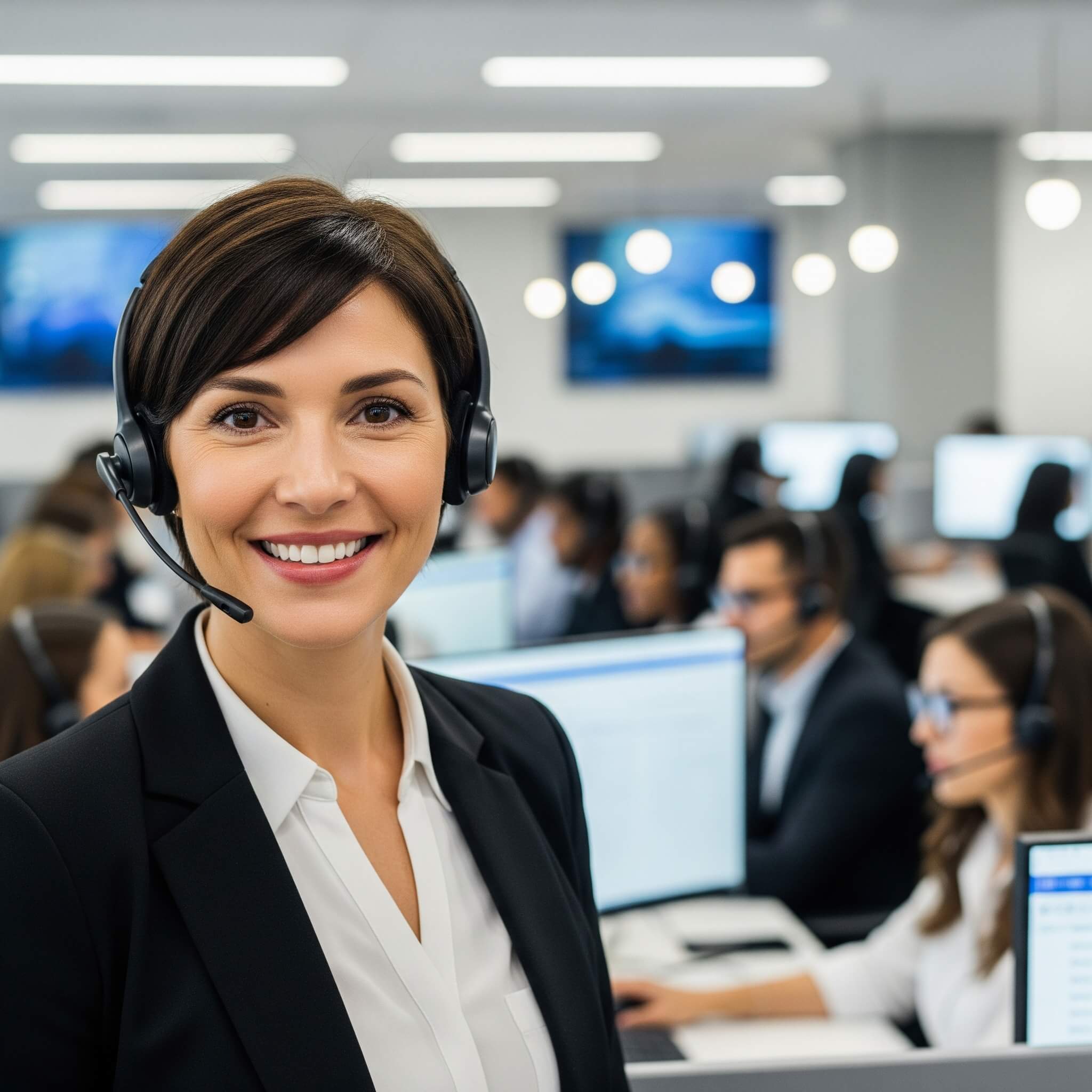 A smiling female call center agent wearing a headset with a microphone, looking directly at the viewer, with other agents and computer screens visible in the background of a busy office environment. 