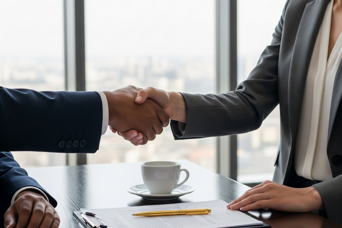Two people, one in a suit and one in a blazer, shaking hands across a table with a coffee cup and documents, symbolizing a business agreement or partnership.