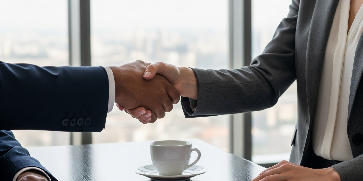 Two people, one in a suit and one in a blazer, shaking hands across a table with a coffee cup and documents, symbolizing a business agreement or partnership.