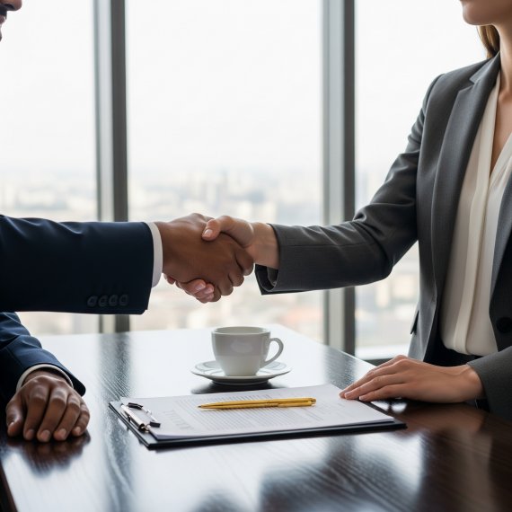 Two people, one in a suit and one in a blazer, shaking hands across a table with a coffee cup and documents, symbolizing a business agreement or partnership.