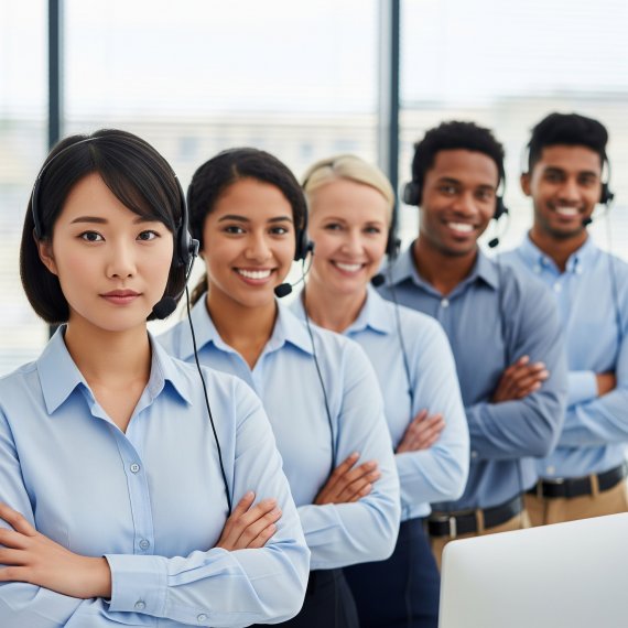 A group of diverse call center or customer service representatives wearing headsets and light blue shirts, standing in a line with arms crossed, smiling at the camera.