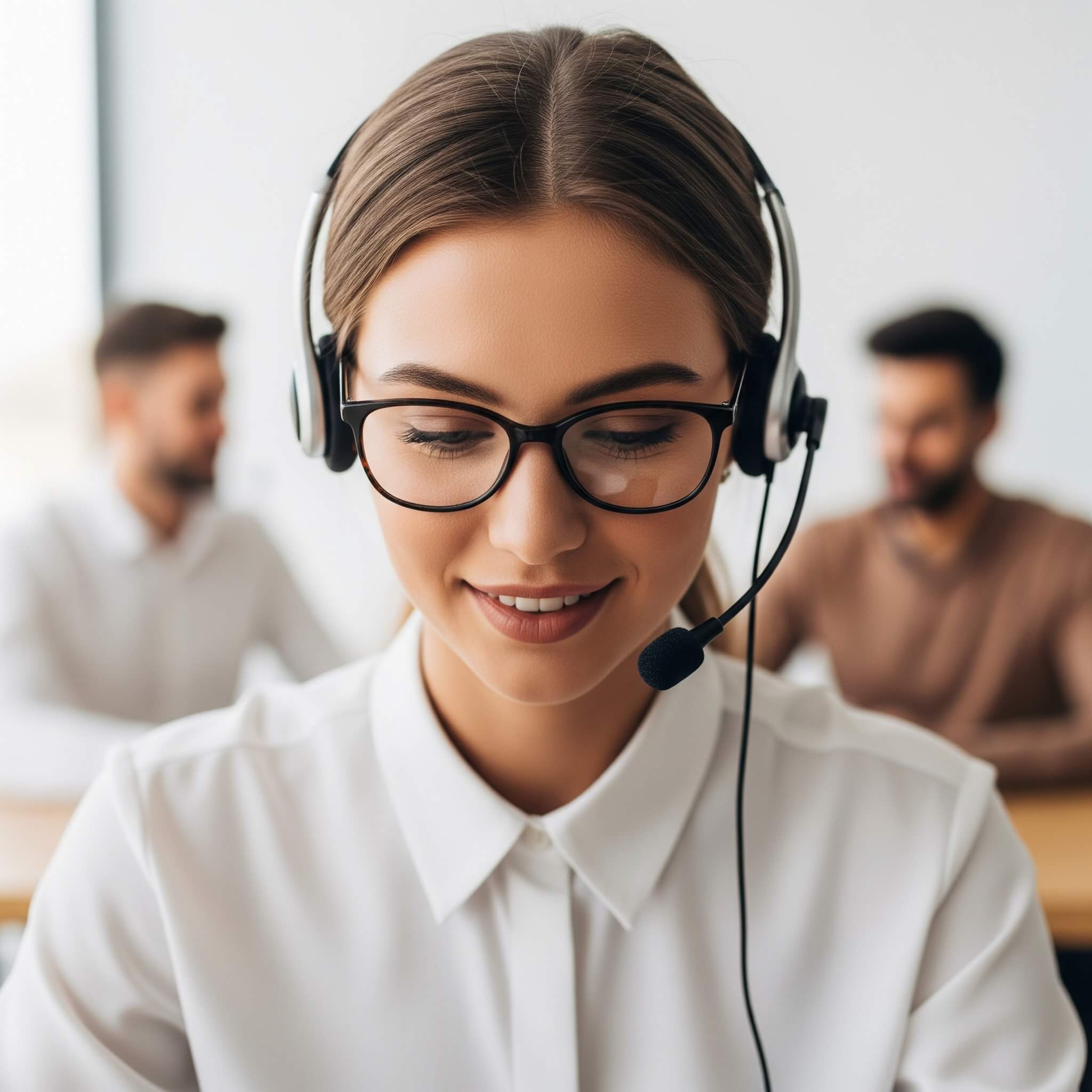 A woman with a headset and glasses, likely a customer service representative, looking down while working, with two blurred figures in the background