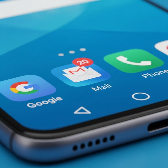 A close-up, angled shot of a smartphone screen displaying app icons for Google, Mail, and Phone, with a notification badge showing "20" on the Mail icon. 