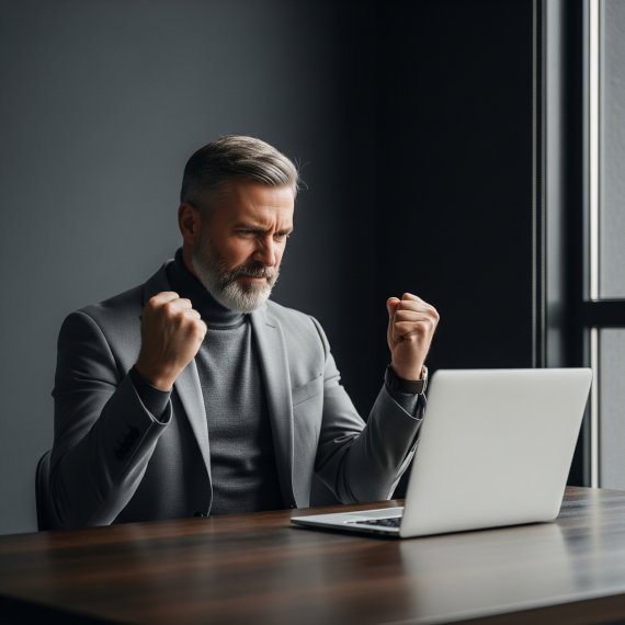 A frustrated or angry middle-aged man with a beard, wearing a gray suit jacket and turtleneck, clenches his fists while looking at a laptop on a wooden desk.