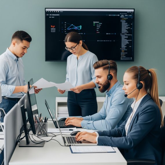 A group of business professionals working in an office setting, with some individuals at desks using computers and others standing and reviewing documents. 