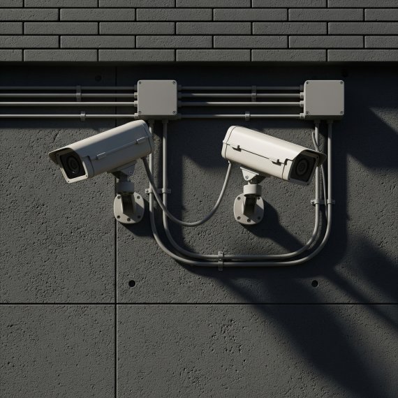 Two white security cameras mounted on a gray concrete wall with visible conduit and junction boxes connecting them, set against a brick wall at the top