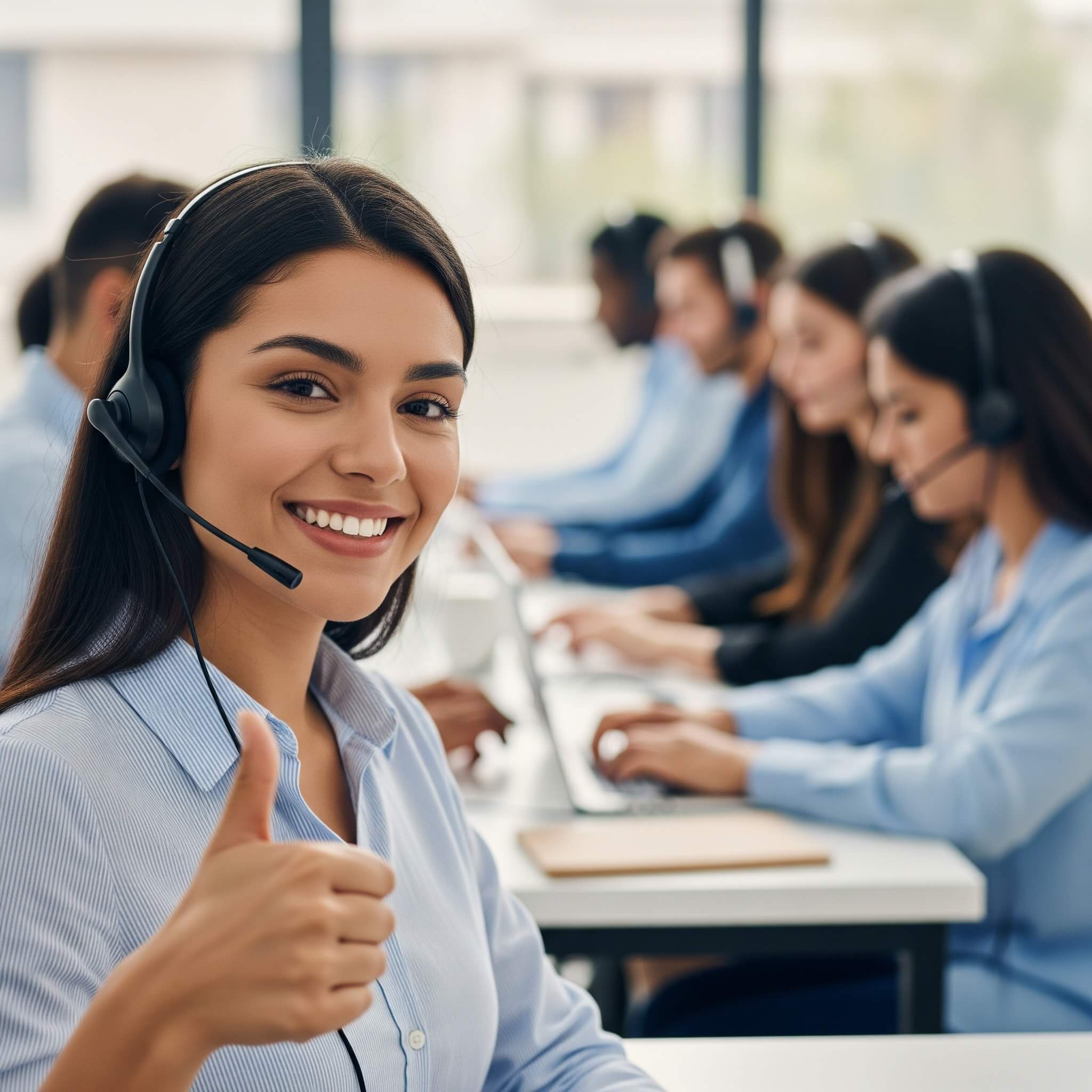 A woman wearing a headset with a microphone smiles and gives a thumbs-up while sitting at a desk in a call center, with other call center agents visible in the background. 