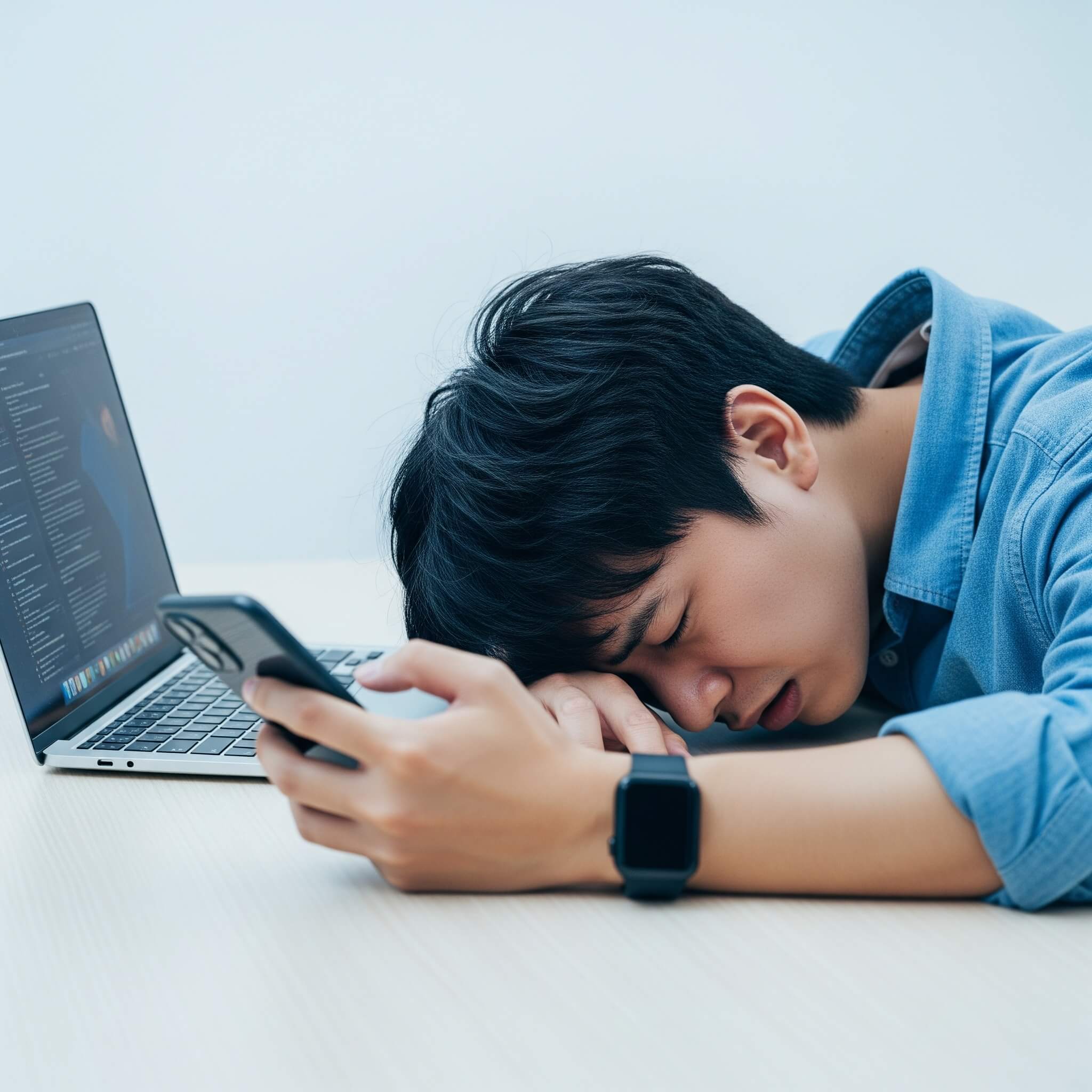 A tired man with his head resting on his arms on a desk, holding a smartphone, with a laptop in the background