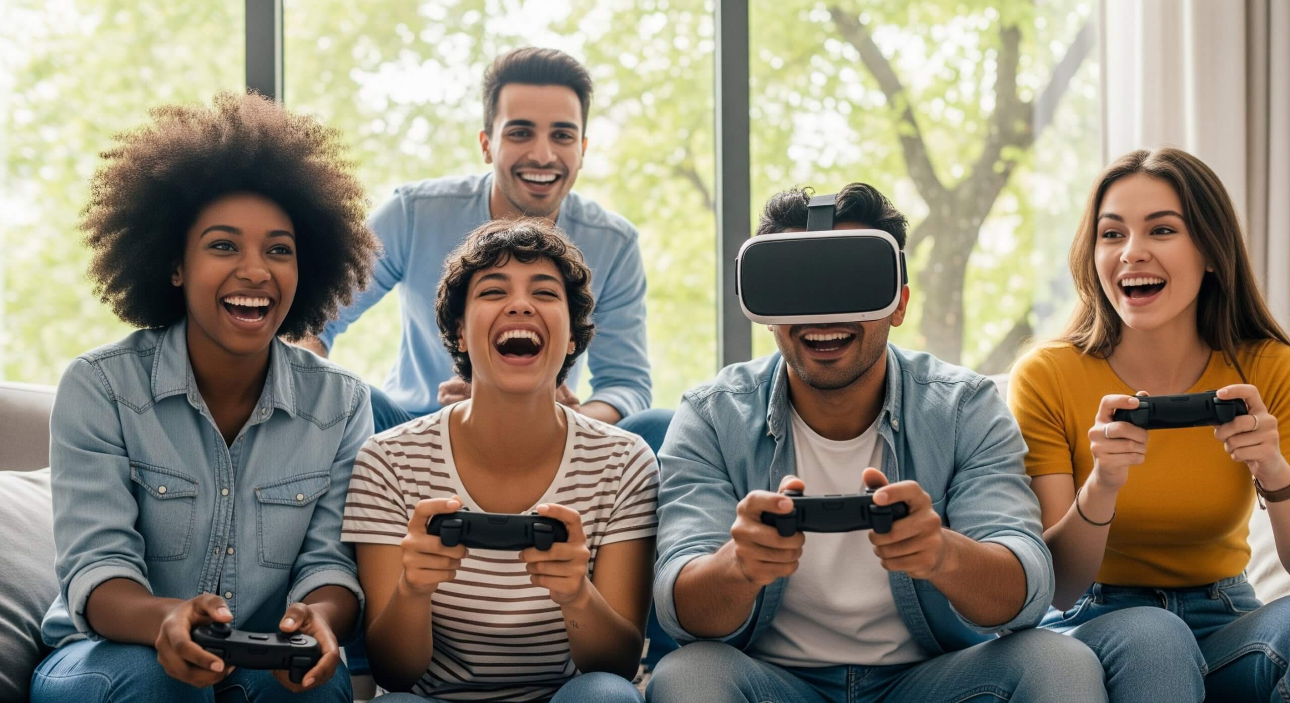 Group of millennials friends playing video games with virtual reality headset 