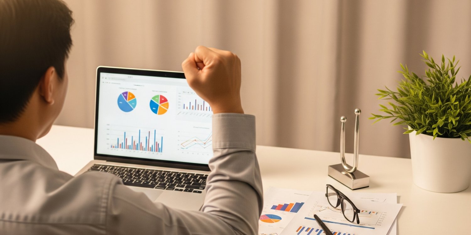 A person sitting at a desk, looking at a laptop displaying charts and graphs, with one fist raised in a gesture of success or triumph.