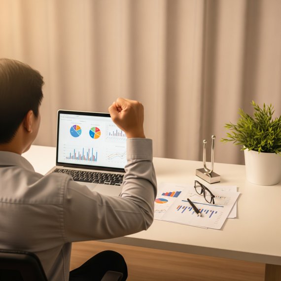 A person sitting at a desk, looking at a laptop displaying charts and graphs, with one fist raised in a gesture of success or triumph.