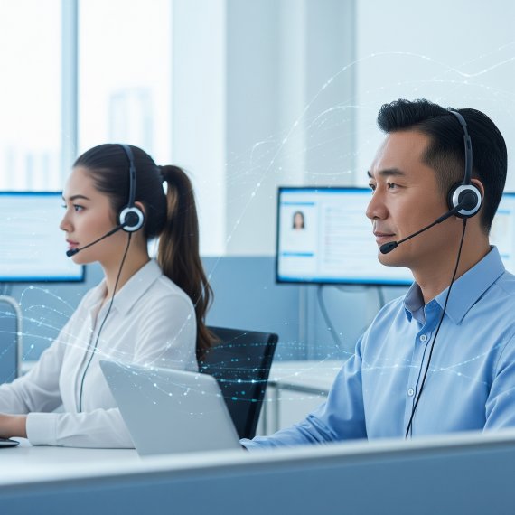 Two call center agents, a woman and a man, wearing headsets and looking at computer screens in an office setting.