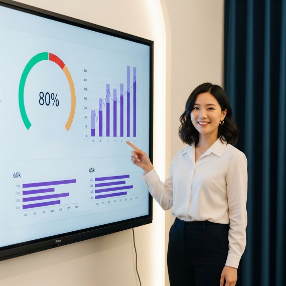 A woman in a white shirt and dark pants stands smiling in front of a large screen displaying business data visualizations, including a large 80% gauge, a bar chart, and two horizontal bar charts labeled 60k and 45k. She is pointing at the screen with her right hand.