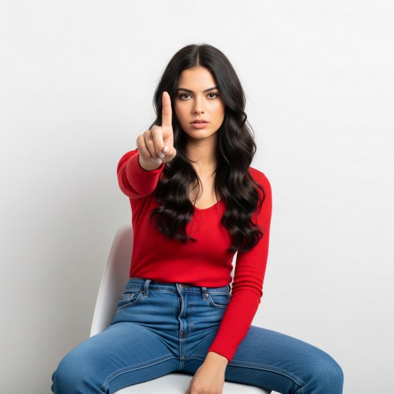 A young woman with long, dark, wavy hair, wearing a red long-sleeved top and blue jeans, sits on a white chair against a plain white background. She is looking directly at the viewer with a serious expression and holding her right hand up with the index finger extended, as if signaling "stop" or "no."
