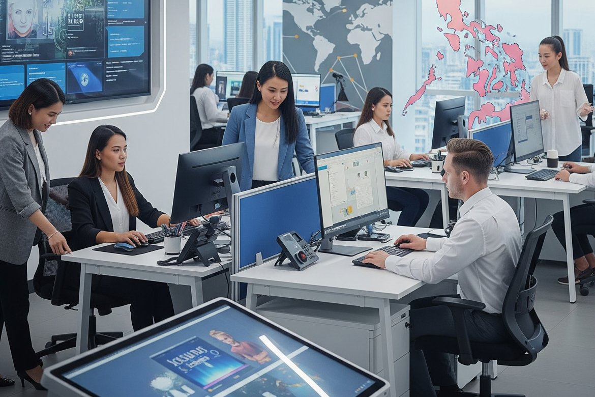 An open-plan office setting with several people working at computers, a large screen displaying data on the wall, and a large interactive table in the foreground