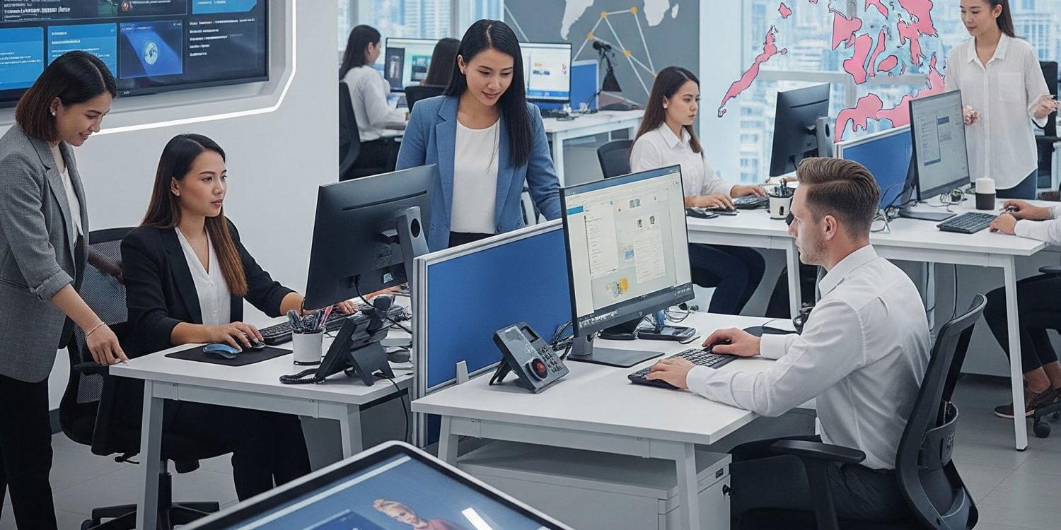 An open-plan office setting with several people working at computers, a large screen displaying data on the wall, and a large interactive table in the foreground