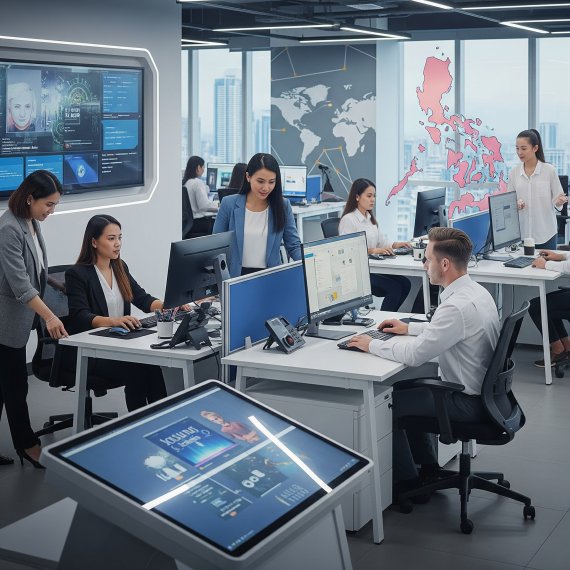 An open-plan office setting with several people working at computers, a large screen displaying data on the wall, and a large interactive table in the foreground