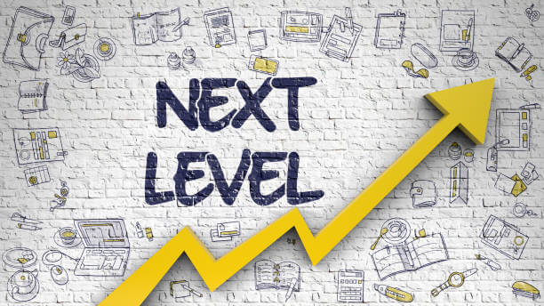 Next Level" text with a yellow upward-trending arrow and various hand-drawn business and technology-related icons on a white brick wall background.