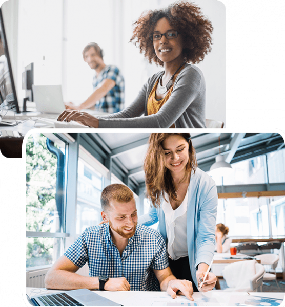 Two images showing diverse people working in an office environment.