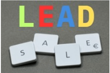 The word LEAD with letters in different colors, positioned above four white keyboard keys spelling out SALE, with the 'E' key also showing a euro symbol.