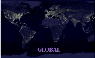 A dark blue image showing a world map with visible light pollution, and the word 'GLOBAL' in purple text at the bottom center